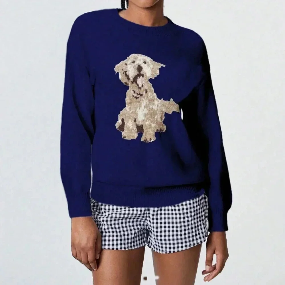Blue Casual Women's Dog Graphic Knitted Sweater - Picture 3 of 6